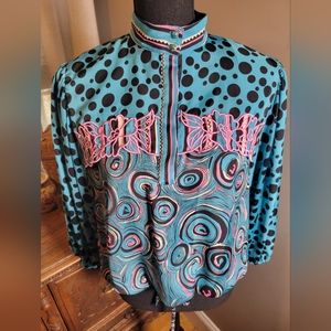 VINTAGE DIANE FREIS MIXED PATTERN PUFF SLEEVE DRAWSTRING WAIST BLOUSE